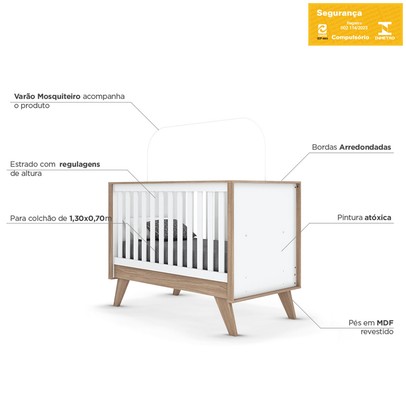 Quarto de Bebê Completo Confete 4 Portas 2 Gavetas com Vidro Branco/Jequitibá - Henn