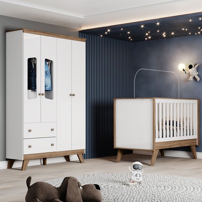 Quarto de Bebê Completo Confete 4 Portas 2 Gavetas com Vidro Branco/Jequitibá - Henn