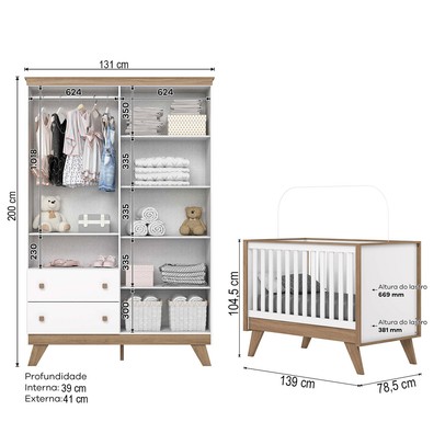 Quarto de Bebê Completo Confete 4 Portas 2 Gavetas com Vidro Branco/Jequitibá - Henn