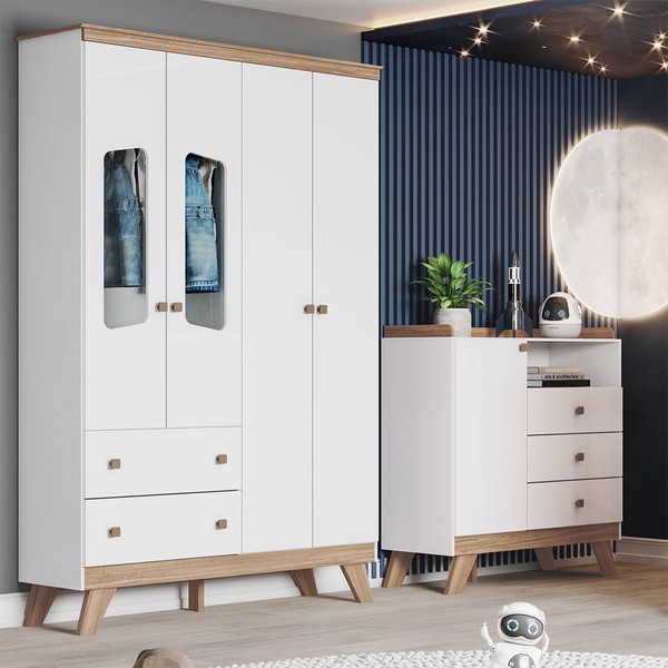 Quarto de Bebê Completo Confete 5 Portas 5 Gavetas com Vidro Ie187 Branco/Jequitibá - Henn