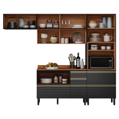 Cozinha Completa Proença 6 Portas 6 Gavetas Ripado com Vidro Nogueira/Carbono Prime Tx - Demobile