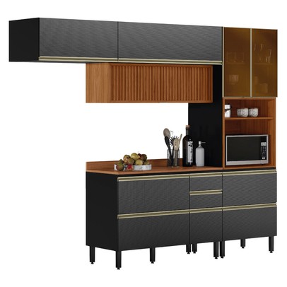 Cozinha Completa Proença 6 Portas 6 Gavetas Ripado com Vidro Nogueira/Carbono Prime Tx - Demobile