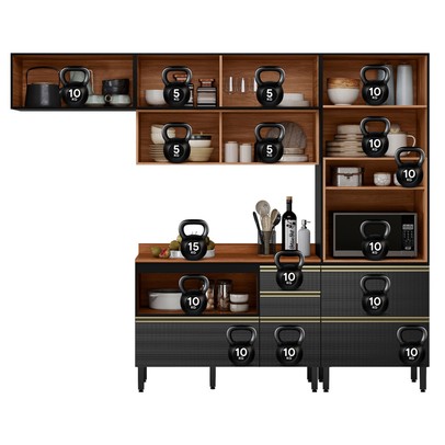 Cozinha Completa Proença 6 Portas 6 Gavetas Ripado com Vidro Nogueira/Carbono Prime Tx - Demobile