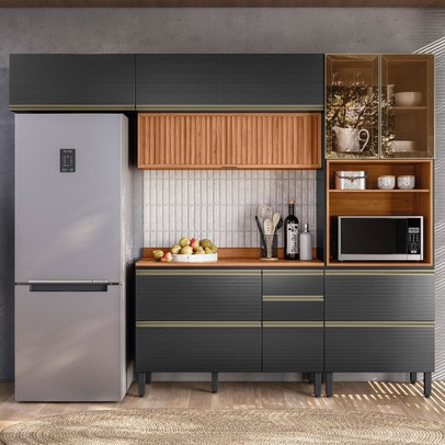 Cozinha Completa Proença 6 Portas 6 Gavetas Ripado com Vidro Nogueira/Carbono Prime Tx - Demobile