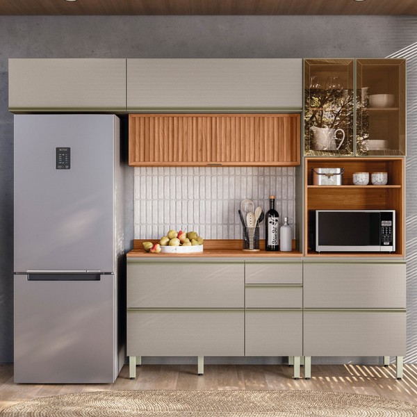 Cozinha Completa Proença 6 Portas 6 Gavetas Ripado com Vidro Nogueira/Nude Prime Tx - Demobile