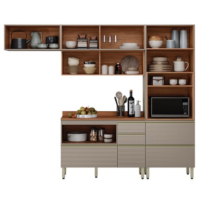 Cozinha Completa Proença 6 Portas 6 Gavetas Ripado com Vidro Nogueira/Nude Prime Tx - Demobile