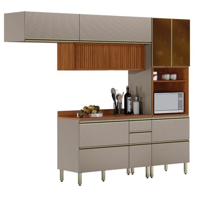 Cozinha Completa Proença 6 Portas 6 Gavetas Ripado com Vidro Nogueira/Nude Prime Tx - Demobile