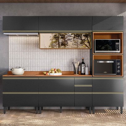 Cozinha Completa Proença 7 Portas 6 Gavetas com Vidro Nogueira/Carbono Prime Tx - Demobile