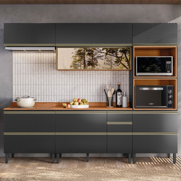 Cozinha Completa Proença 7 Portas 6 Gavetas com Vidro Nogueira/Carbono Prime Tx - Demobile