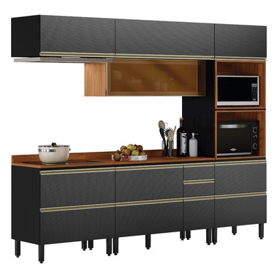 Cozinha Completa Proença 7 Portas 6 Gavetas com Vidro Nogueira/Carbono Prime Tx - Demobile
