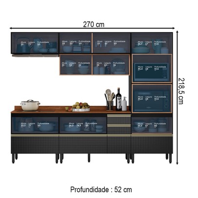 Cozinha Completa Proença 7 Portas 6 Gavetas com Vidro Nogueira/Carbono Prime Tx - Demobile