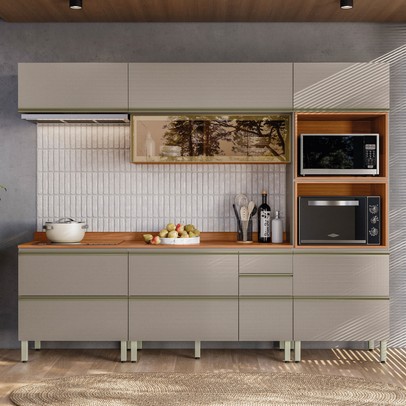 Cozinha Completa Proença 7 Portas 6 Gavetas com Vidro Nogueira/Nude Prime Tx - Demobile