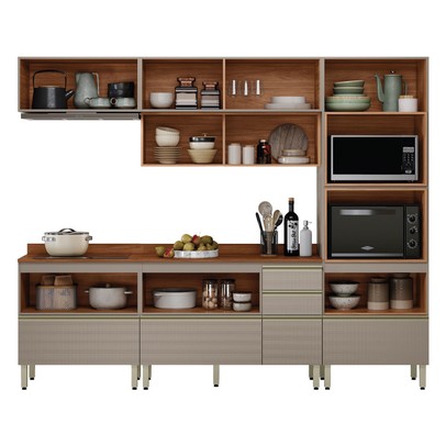 Cozinha Completa Proença 7 Portas 6 Gavetas com Vidro Nogueira/Nude Prime Tx - Demobile