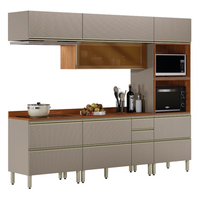 Cozinha Completa Proença 7 Portas 6 Gavetas com Vidro Nogueira/Nude Prime Tx - Demobile