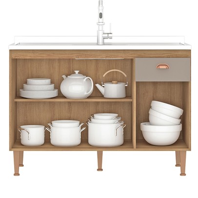 Balcão de Cozinha para Pia 120 Cm Marti 3 Portas 1 Gaveta Mel/Fendi - Fellicci