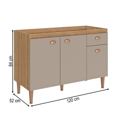 Balcão de Cozinha para Pia 120 Cm Marti 3 Portas 1 Gaveta Mel/Fendi - Fellicci