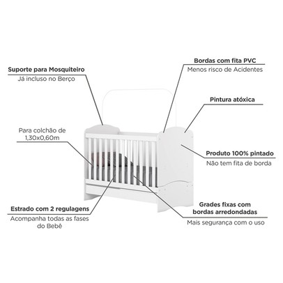 Quarto de Bebê Completo Doha 2 Portas 8 Gavetas com Espelho Branco - Henn