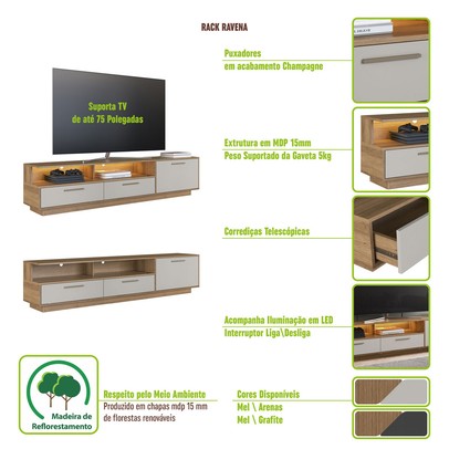 Rack para TV Até 75 Polegadas Ravana 1 Porta 2 Gavetas com Led Arenas - Art In Móveis