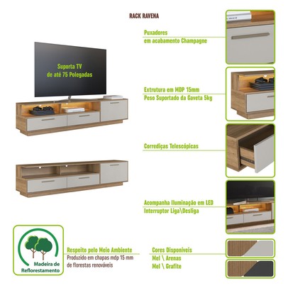 Rack para TV Até 75 Polegadas Ravana 1 Porta 2 Gavetas com Led Grafite - Art In Móveis