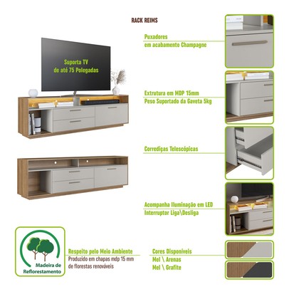 Rack para TV Até 75 Polegadas Reims 1 Porta 2 Gavetas com Led Grafite - Art In Móveis