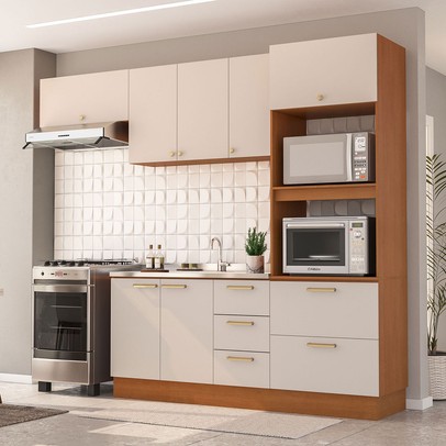 Cozinha Completa Atala 8 Portas 4 Gavetas Off White/Freijó - Politorno