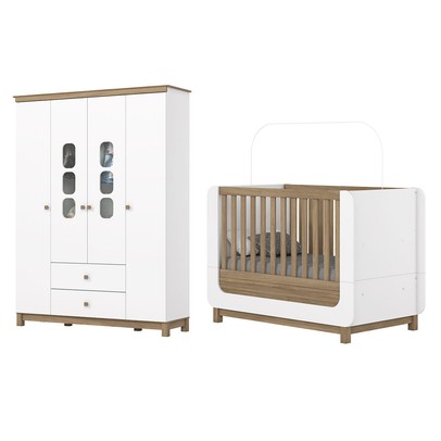 Quarto de Bebê Completo Aconchego 4 Portas 2 Gavetas com Vidro Branco/Jequitibá - Henn