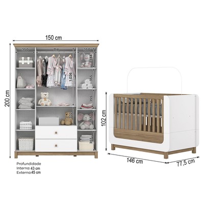 Quarto de Bebê Completo Aconchego 4 Portas 2 Gavetas com Vidro Branco/Jequitibá - Henn