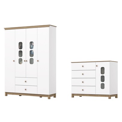 Quarto de Bebê Completo Aconchego 5 Portas 6 Gavetas com Vidro Branco/Jequitibá - Henn