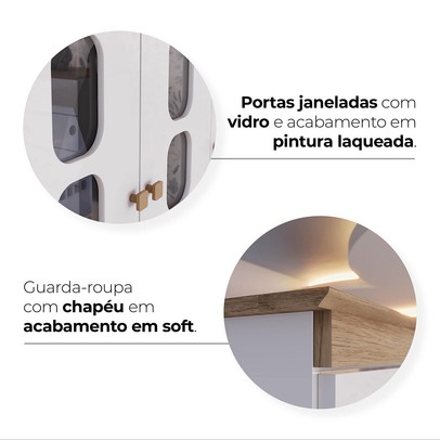 Quarto de Bebê Completo Aconchego 5 Portas 6 Gavetas com Vidro Branco/Jequitibá - Henn