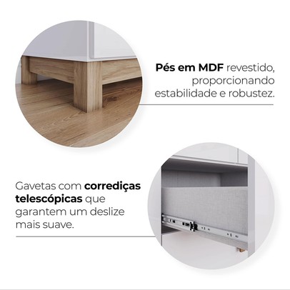 Quarto de Bebê Completo Aconchego 5 Portas 6 Gavetas com Vidro Branco/Jequitibá - Henn