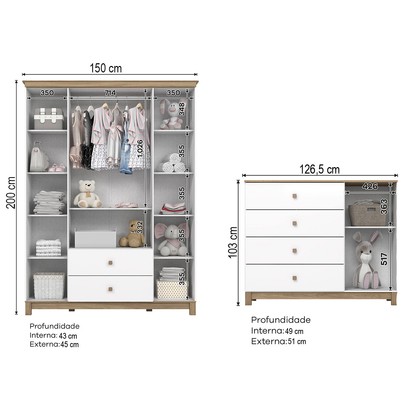 Quarto de Bebê Completo Aconchego 5 Portas 6 Gavetas com Vidro Branco/Jequitibá - Henn