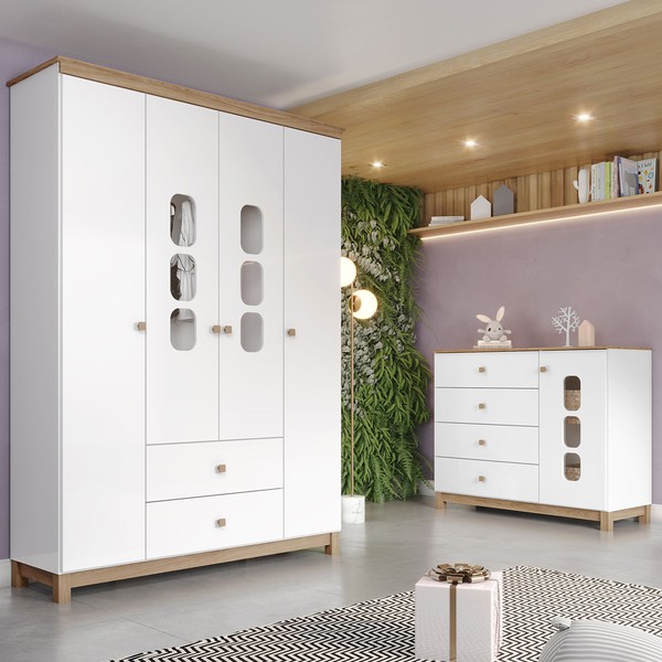 Quarto de Bebê Completo Aconchego 5 Portas 6 Gavetas com Vidro Branco/Jequitibá - Henn