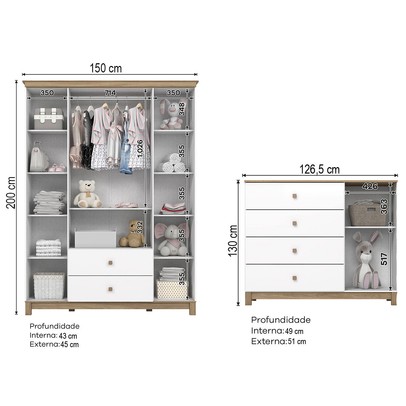 Quarto de Bebê Completo Aconchego 5 Portas 6 Gavetas com Vidro Branco/Jequitibá - Henn