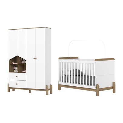 Quarto de Bebê Completo Ternura 4 Portas 2 Gavetas Branco/Jequitibá - Henn