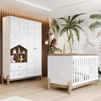 Quarto de Bebê Completo Ternura 4 Portas 2 Gavetas Branco/Jequitibá - Henn