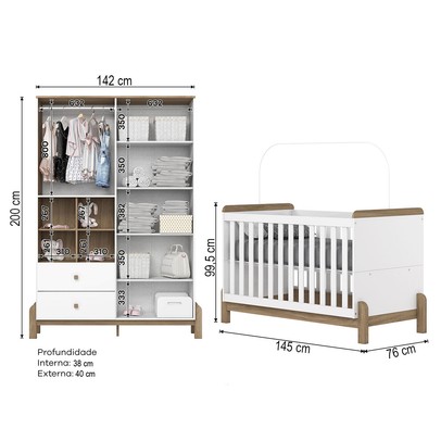 Quarto de Bebê Completo Ternura 4 Portas 2 Gavetas Branco/Jequitibá - Henn