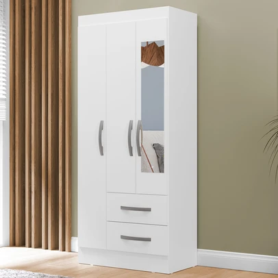 Guarda-Roupa Solteiro Adolfo 3 Portas 2 Gavetas com Espelho Branco - Mx Móveis