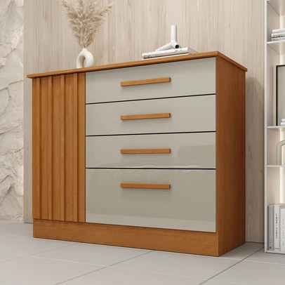 Cômoda Sobral 1 Porta 4 Gavetas Ripado Cinamomo/Off White - Pnr Móveis
