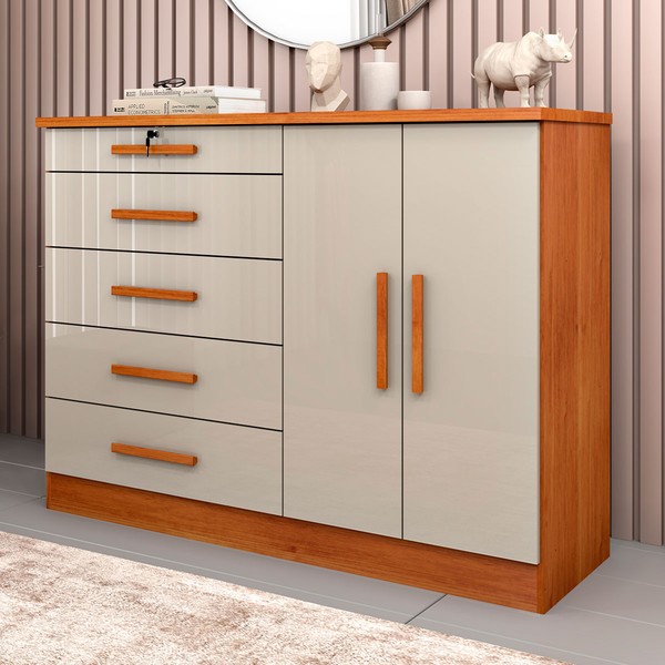 Cômoda Firenze 2 Portas 5 Gavetas Cinamomo/Off White - Pnr Móveis