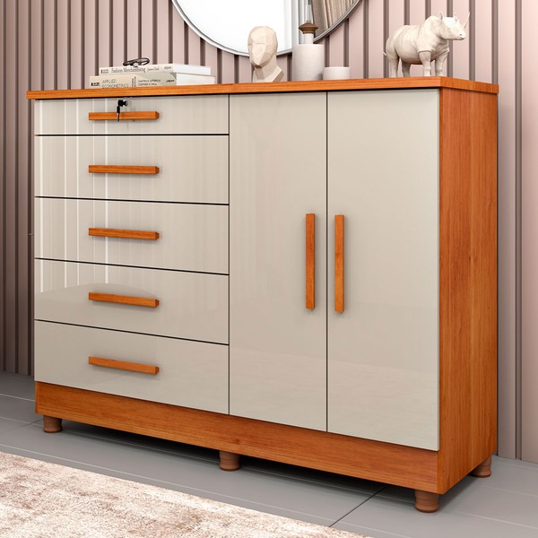 Cômoda Firenze 2 Portas 5 Gavetas Cinamomo/Off White - Pnr Móveis