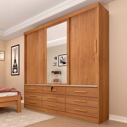 Guarda-Roupa Casal Essesnce 3 Portas 9 Gavetas com Espelho Cinamomo - Pnr Móveis