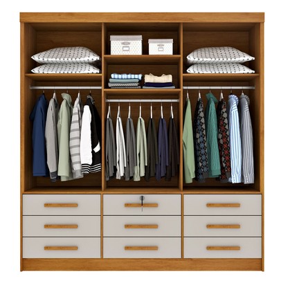 Guarda-Roupa Casal Essesnce 3 Portas 9 Gavetas com Espelho Cinamomo/Off White - Pnr Móveis