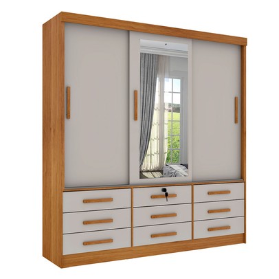 Guarda-Roupa Casal Essesnce 3 Portas 9 Gavetas com Espelho Cinamomo/Off White - Pnr Móveis
