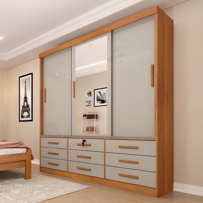 Guarda-Roupa Casal Essesnce 3 Portas 9 Gavetas com Espelho Cinamomo/Off White - Pnr Móveis