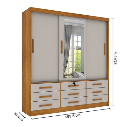 Guarda-Roupa Casal Essesnce 3 Portas 9 Gavetas com Espelho Cinamomo/Off White - Pnr Móveis