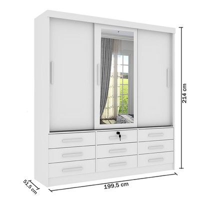 Guarda-Roupa Casal Essesnce 3 Portas 9 Gavetas com Espelho Neve - Pnr Móveis