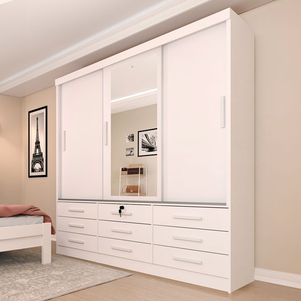 Guarda-Roupa Casal Essesnce 3 Portas 9 Gavetas com Espelho Neve - Pnr Móveis