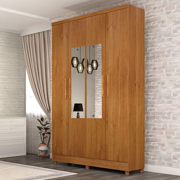 Guarda-Roupa Solteiro Brighton 4 Portas 2 Gavetas com Espelho Cinamomo - Pnr Móveis