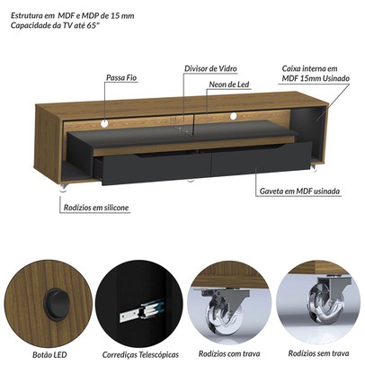 Rack para TV Até 65 Polegadas Loop 2 Gavetas com Vidro e Led Cedro/Preto - Olivar Móveis