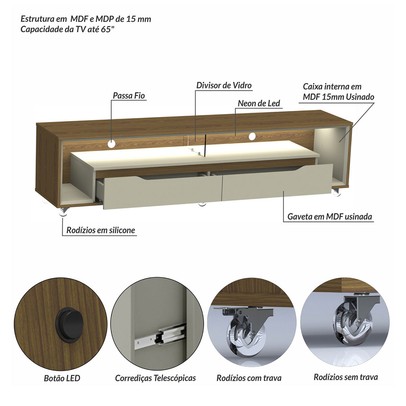 Rack para TV Até 65 Polegadas Loop 2 Gavetas com Vidro e Led Cedro/Off White - Olivar Móveis